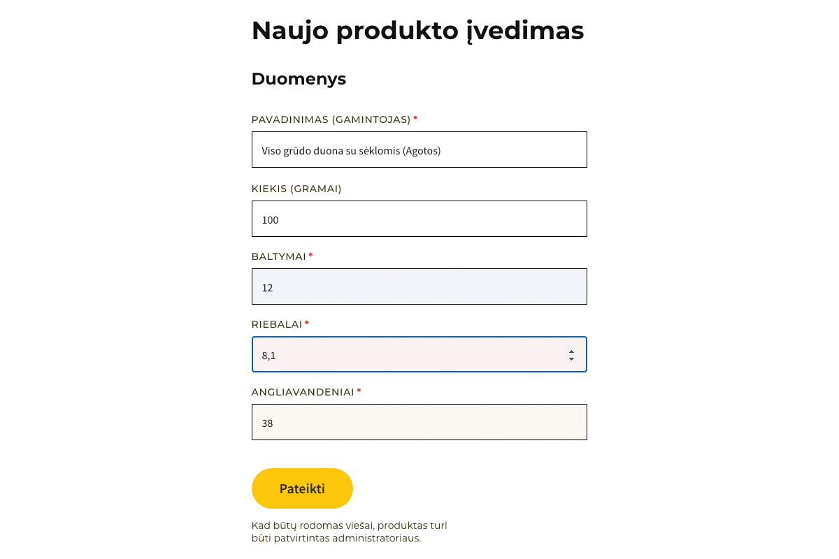 Naujo produkto įvedimas kalorijų skaičiuoklėje.